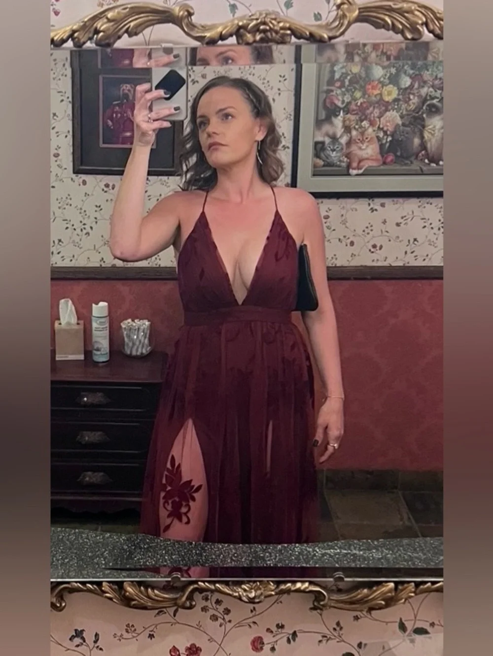 Windsor Burgundy Flocked Velvet Floral Tulle Maxi Gown Dress